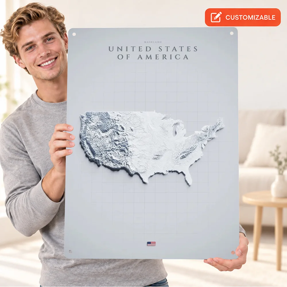 United States Terrain Map Printed Poster Personalized Aluminum Metal Sign White Relief Effect Wall Art For Study Or Living Room