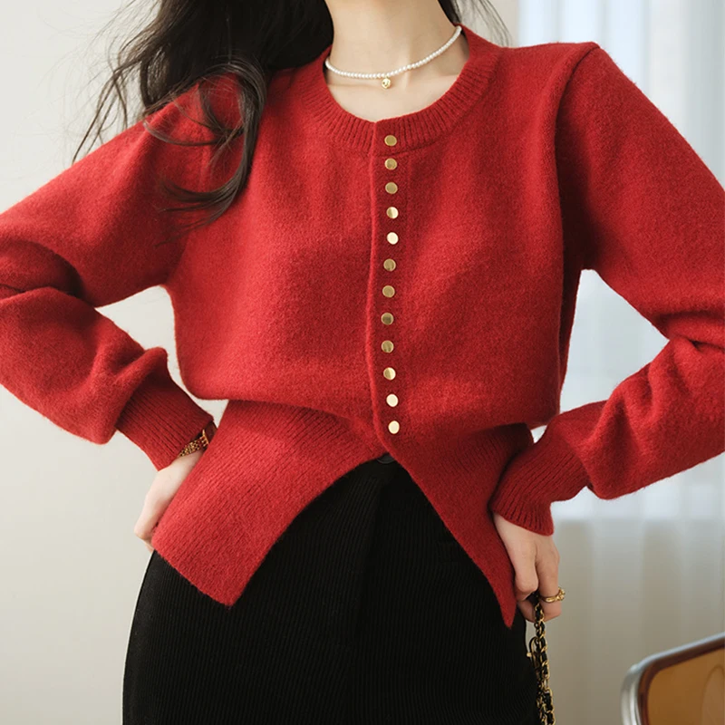 French Vintage Knitted Cardigan for Women Autumn Winter Long Sleeve Gold Buttons Basic Tops Female Christmas Red Sweater