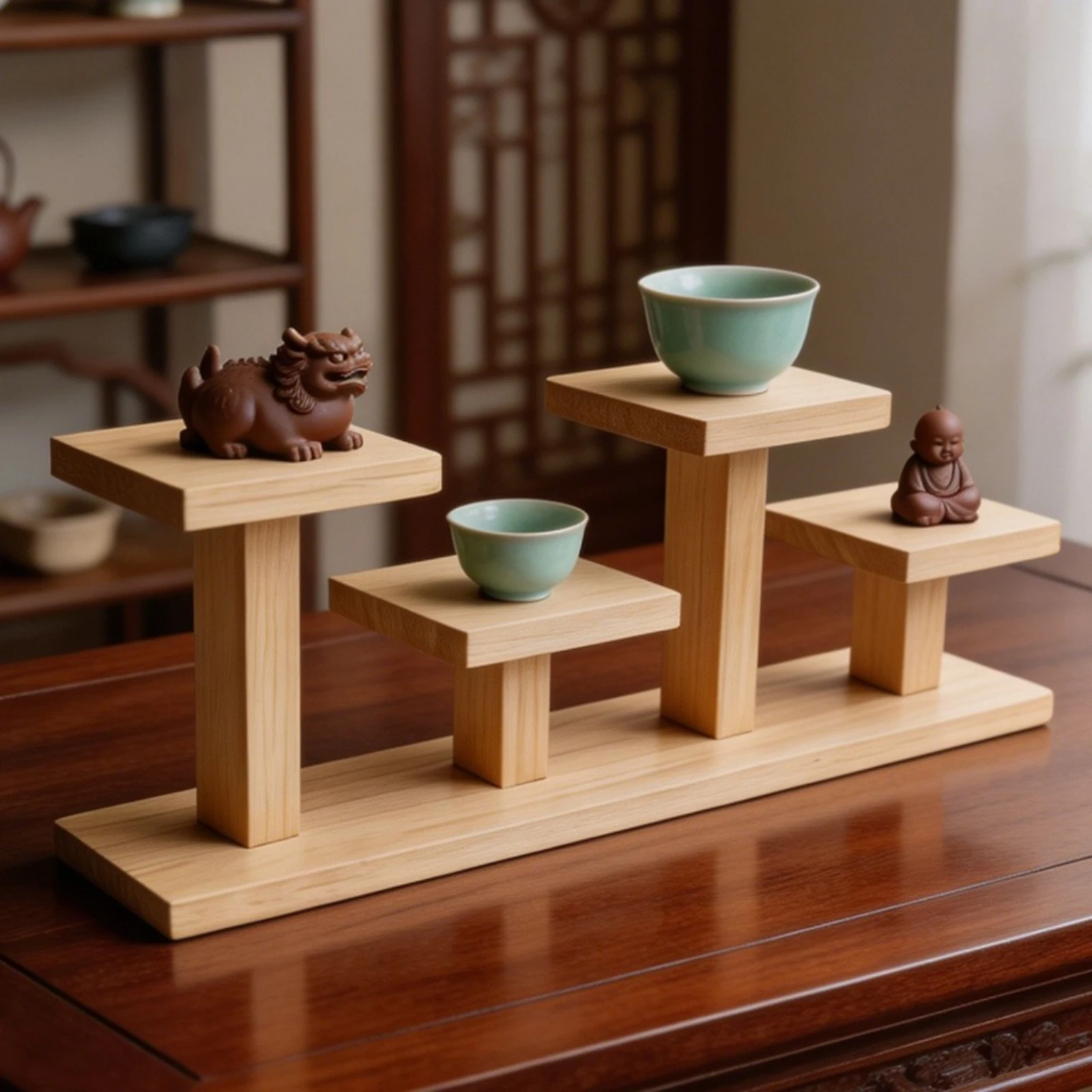 Tabletop Display Rack Rectangular Base Stair-Step Display Stand Wood Grain Multi-Purpose