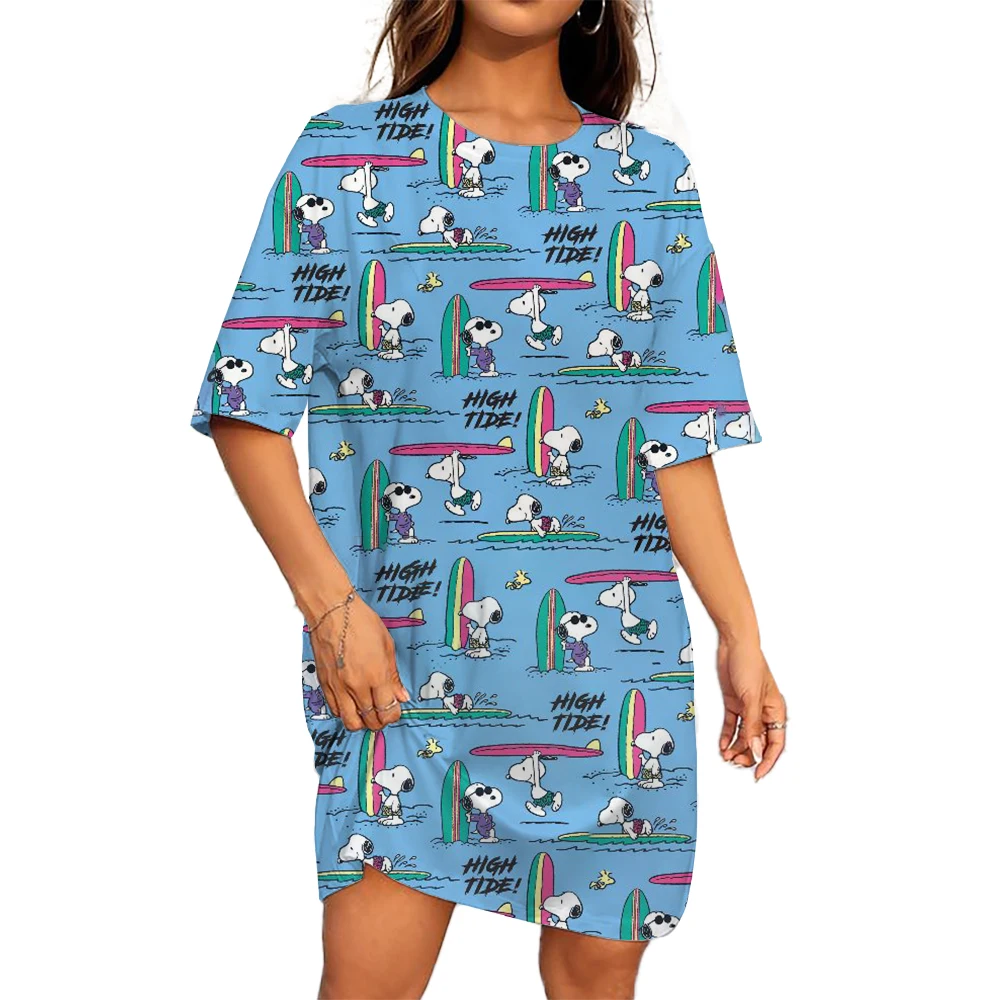 ชุดเดรสเสื้อยืด Dress Model Baru พิมพ์ลายสนูปี้วินเทจทรงหลวมทรงหลวมเสื้อผ้าผู้หญิงแขนสั้นผู้หญิงลำลอง