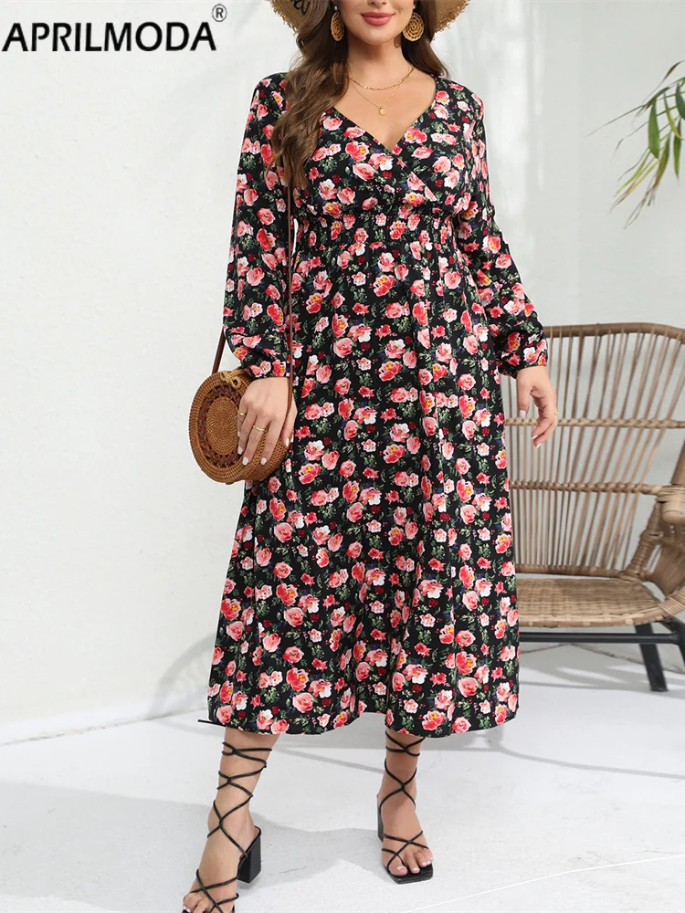 2024 Flower Print Midi Long Party Dress Full Sleeve Oversized Sundress A Line Retro Vintage Holiday Tunic Swing Dresses 4xl 5xl