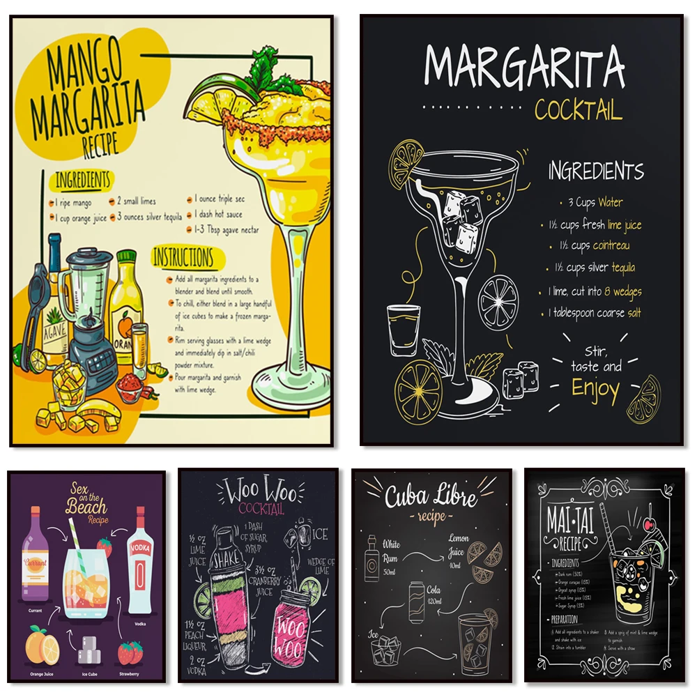 Mojito Cocktail Recipe Poster, Cuba Liberty Cocktail, Mango Margarita Cocktail Recipe Poster Print, Kitchen Decor, Cocktail Art