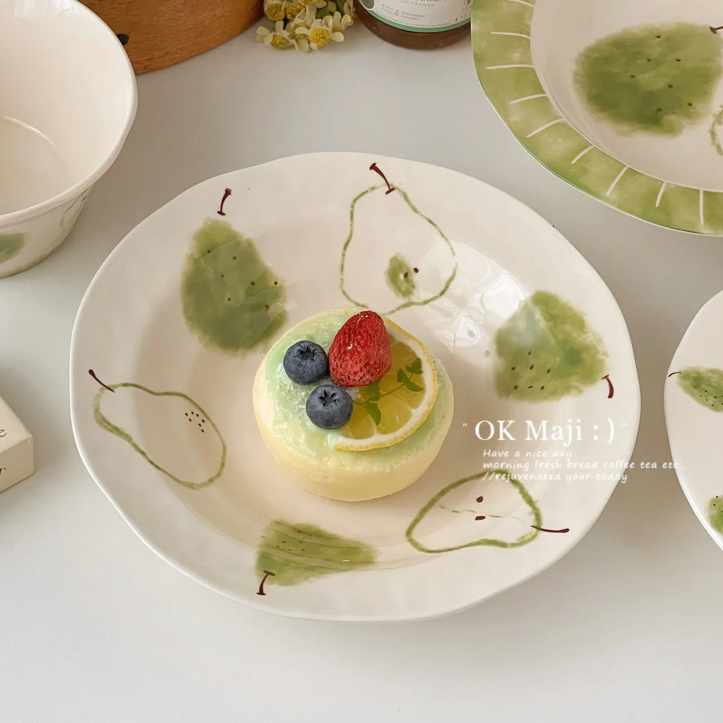 Hand‑Painted Pear Ceramic Deep Plate 2026 Underglaze Color Watercolor Salad Pasta Dinner Plate Microwave Safe Home Tableware