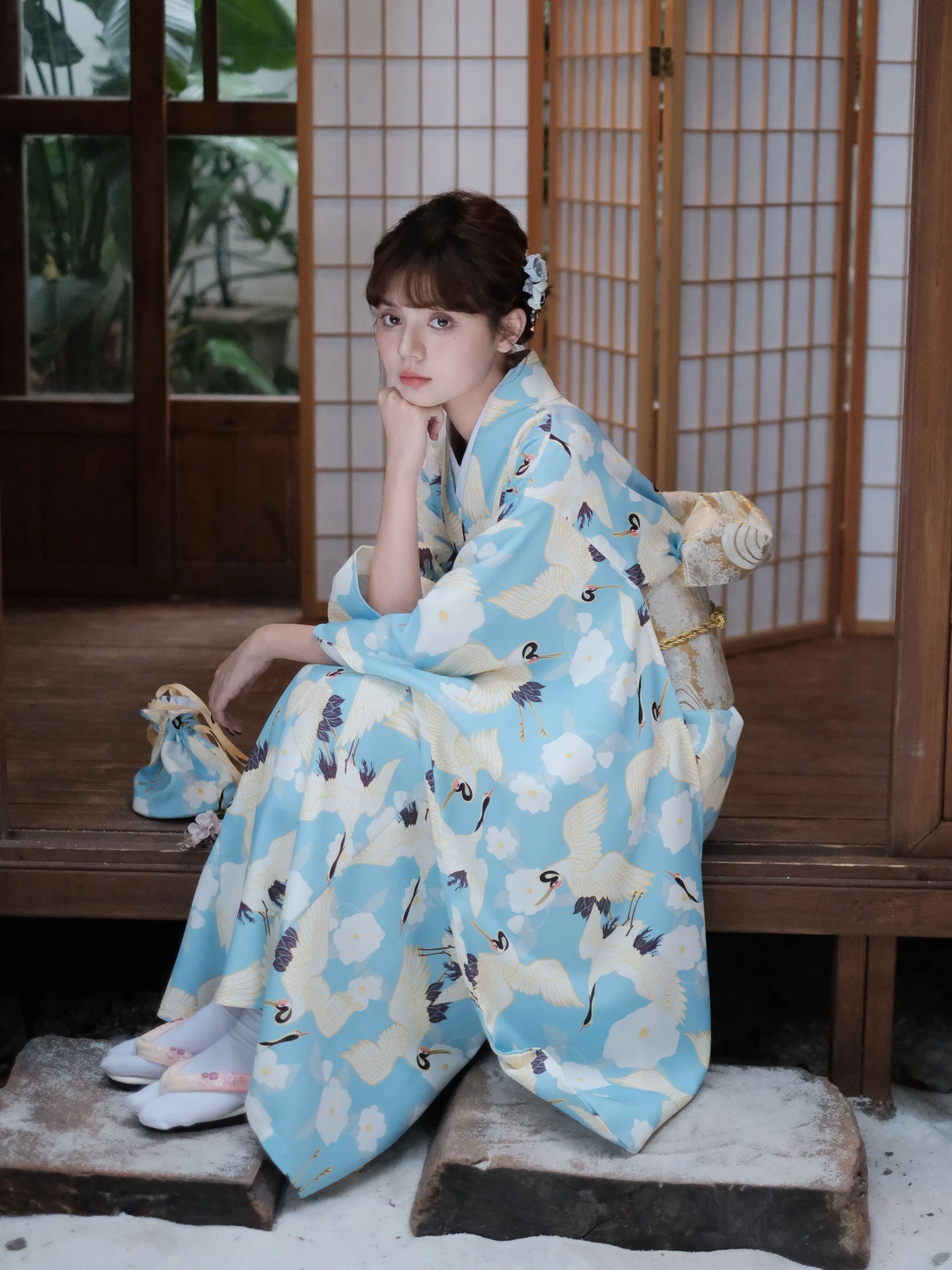 Femmes Japonais Traditionnel Furisode Kimono Bleu Couleur Grue Imprime Yukata Robe Cosplay Costume Photographie Robe