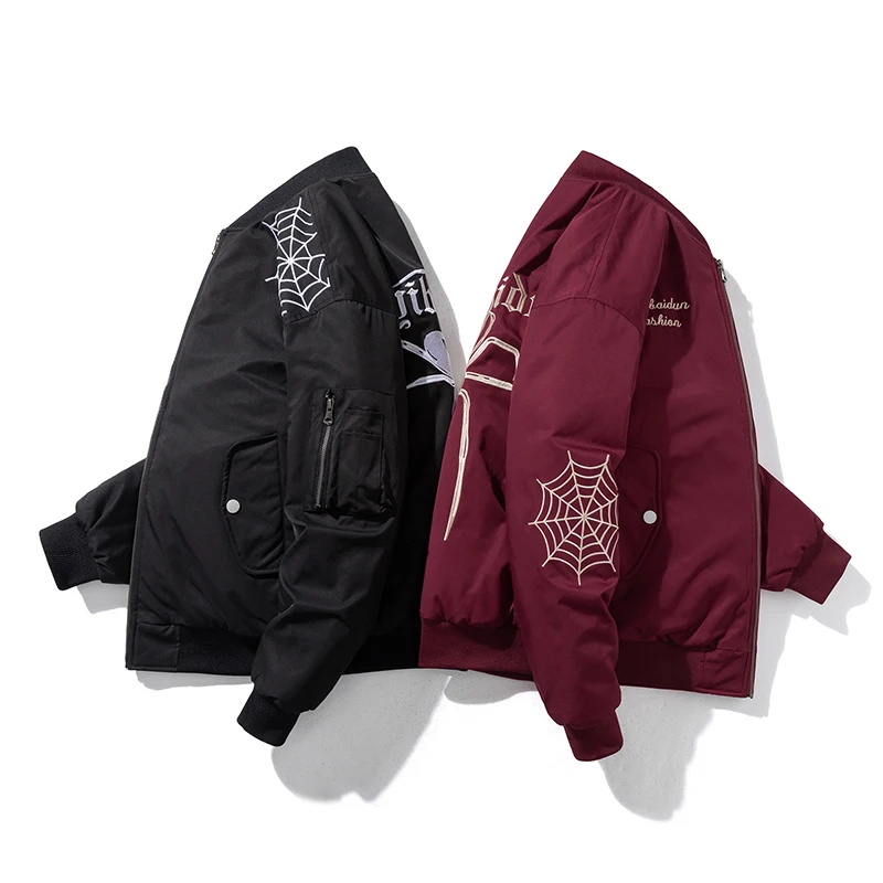 Winter Campus Men Jacket Street Hip Hop Retro Baseball Jacket Cartoon Spider Web Embroidery Zipper Unisex Hooded Coat #836