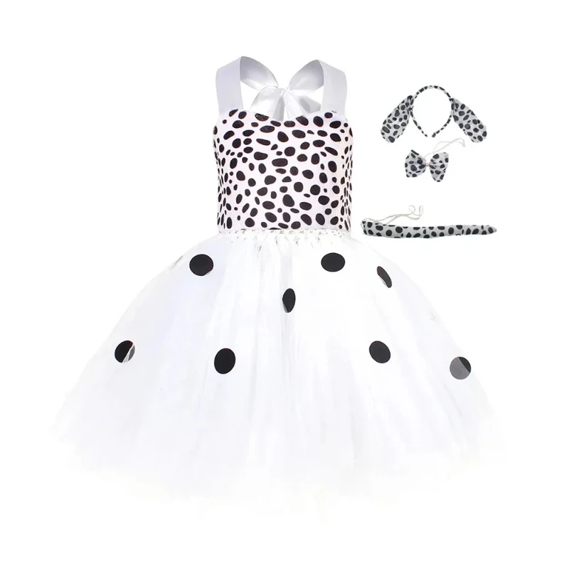 Dalmatian Dog Tutu Dress for Baby Girls White Black Spotted Animal Halloween Costume for Kids Toddler Puppy Dressing Up Outfit
