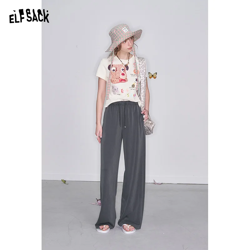 ELFSACK 2025 Spring New Arrivals Y2K Retro Grey High Waist Drawstring Straight Pants Women Loose All-match Sweatpants