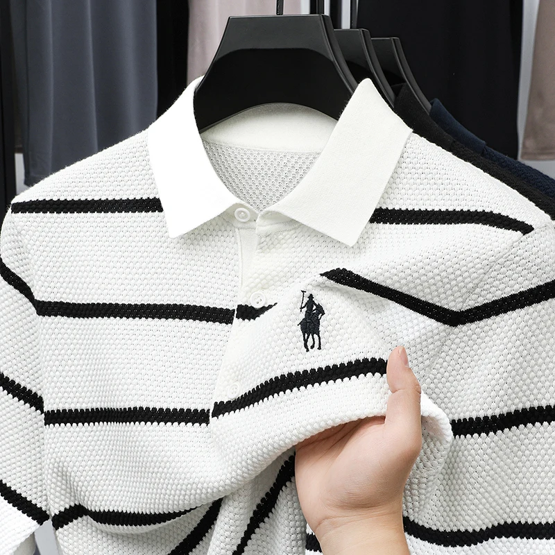 100% Pure Cotton High-quality Knitted Striped Short Sleeved Polo Shirt for Men's Summer Light Workplace Outfit