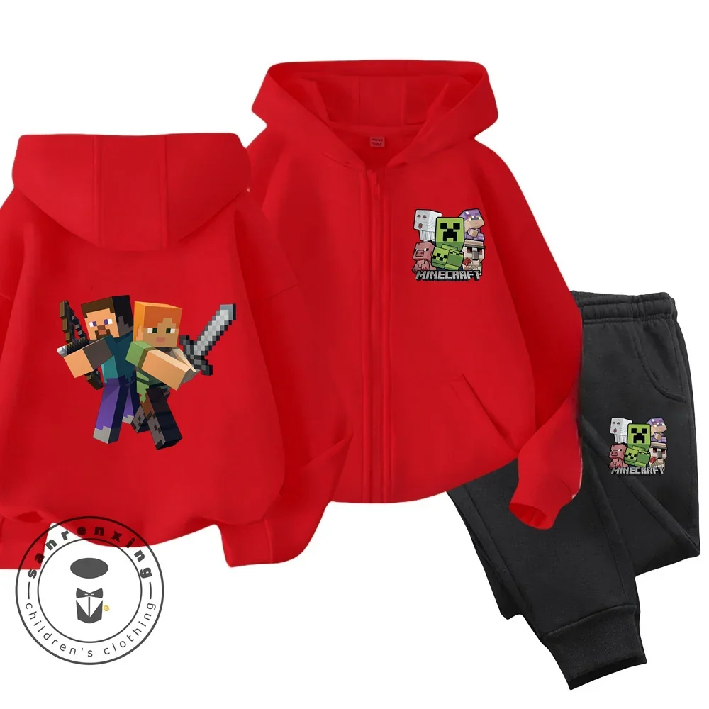 2024 New Minecraft Cherry Printed Hooded Zipper Hoodie Set for Boys and Girls Casual Top Children's Sports Comfort Set