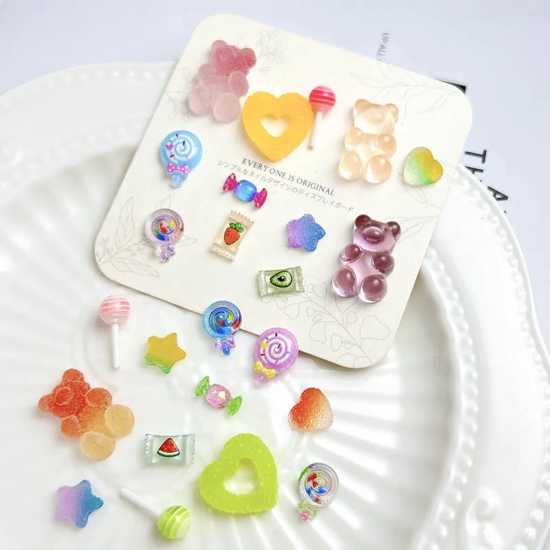 Colorful Candy Mixed Series Nail Art Charms Painted Lollipops Fudge Hearts Beas Nail Decorations Accessories for Manicure DIY