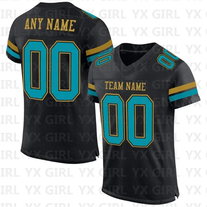 Personalizado Autêntico V-Neck Futebol Jersey, Black Teal, Old Gold Mesh, Nome da equipe e Número, T-shirt personalizado