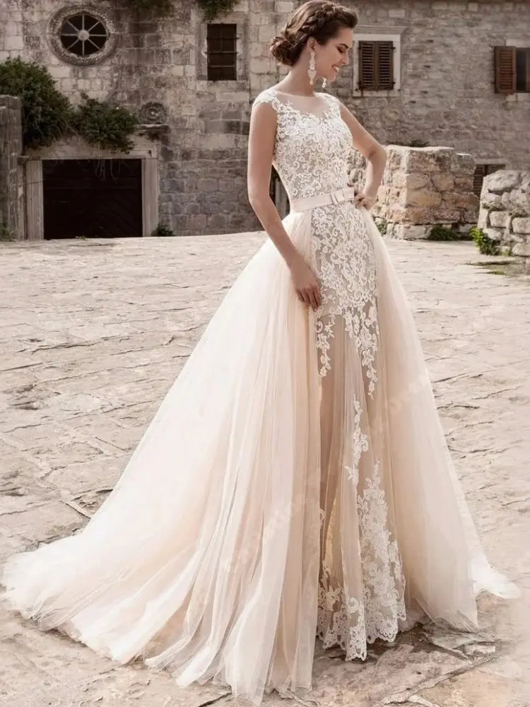 Vestido De Novia De lujo con dobladillo blanco extraíble, apliques De encaje, Vestidos De Novia Sexy De alta calidad, longitud De fregado De sirena