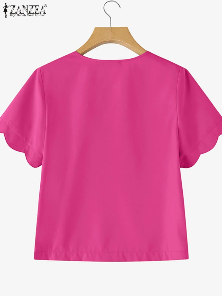 ZANZEA Zomer Vrouwen Elegante Blouse 2025, Mode Korte Bladerdeeg Mouwen Tuniek Tops Casual Losse Effen Kleur OL Blusas Femininas