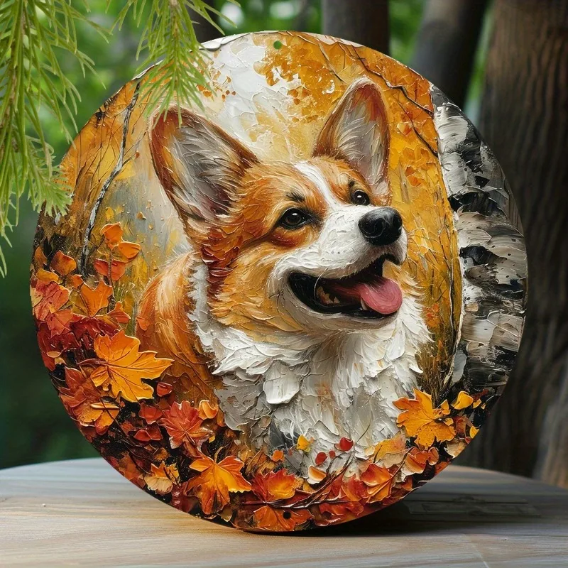 Pembroke Welsh Corgi Round Aluminum Sign - Spring-Themed Faux Resin Painting, Pembroke Welsh Corgi, Perfect for Room Decor