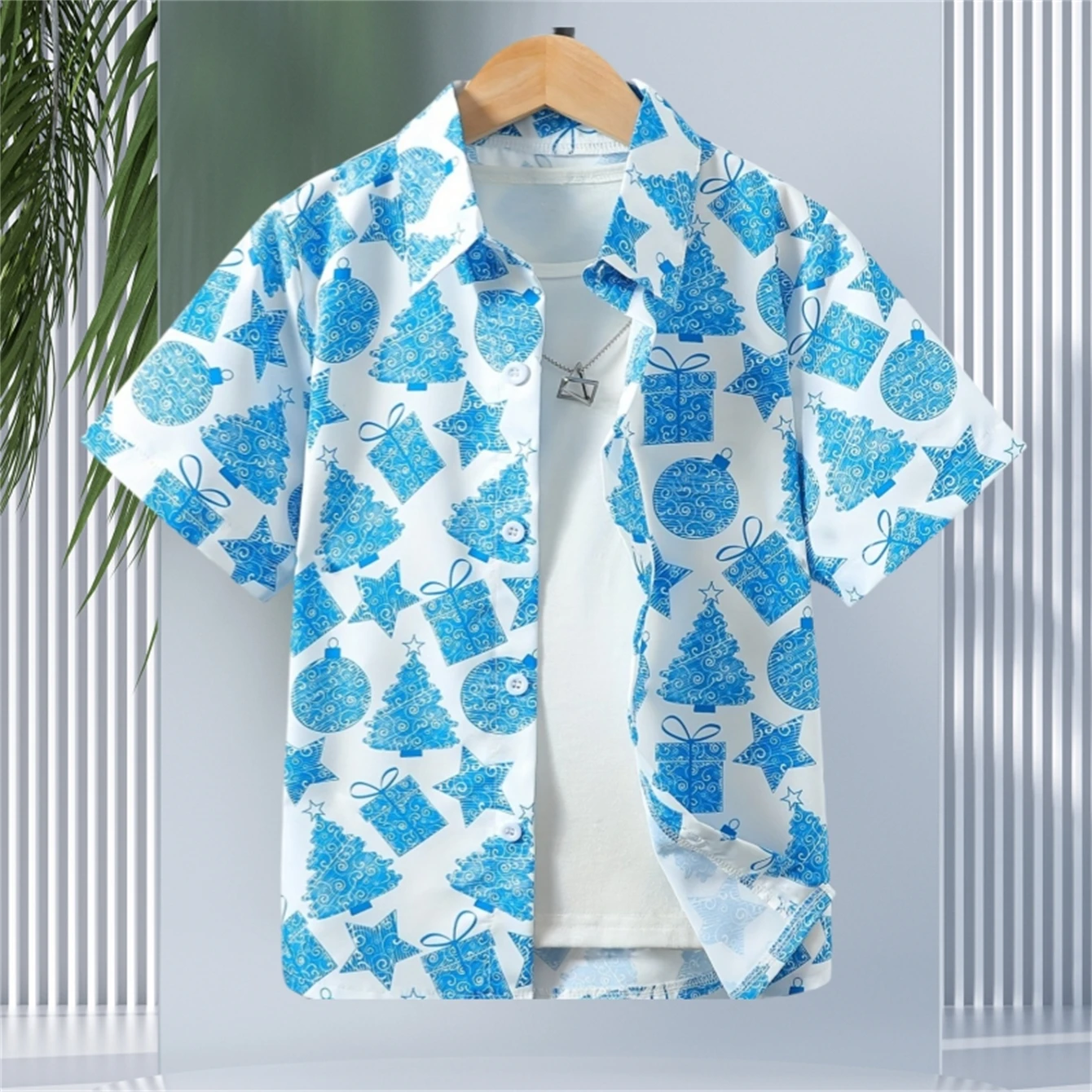 

Boy's Creative Christmas Tree Pattern Shirt Casual Short Sleeve Button down Loose Comfy Summer Holiday Shirt Boys Fashion Tshirt