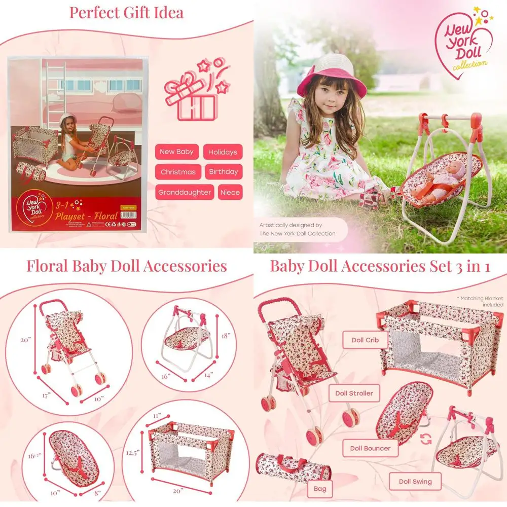 

Elegant Floral Stroller and Crib Set for 18 Dolls, Deluxe Baby Doll Furniture with Swing and Bed Accessories for Playtime