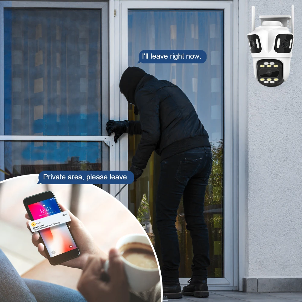 كاميرا PTZ IP بثلاثة عدسات خارجية 6K HD ثلاثة شاشات كاميرا أمان WiFi تتبع تلقائي 4K كاميرا CCTV لاسلكية مزدوجة لين iCsee