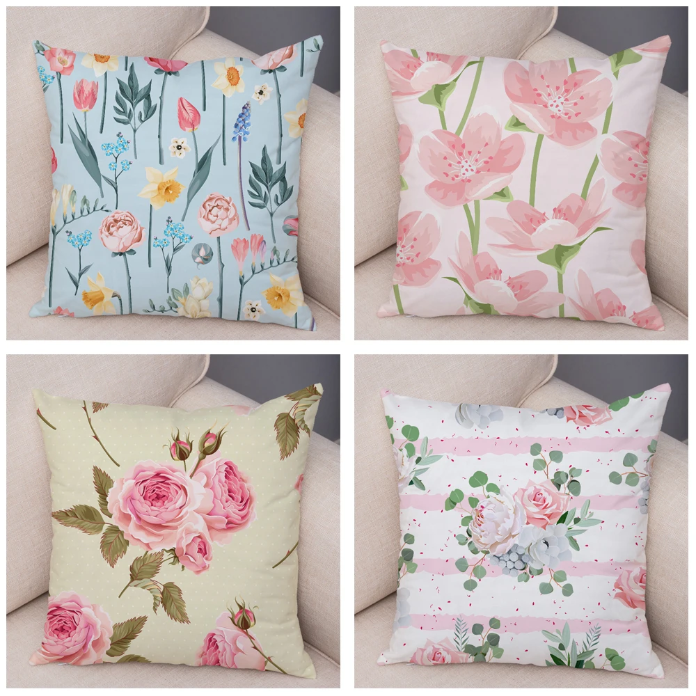 Colorful Rose Flower Pillow Case Nordic Style Pillowcase Decor Patchwork Plant Floral Plush Cushion Cover for Car Sofa 45*45cm