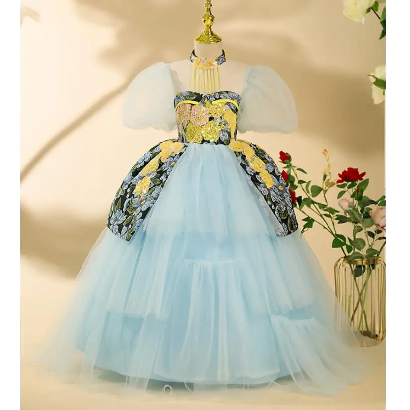 High-End Children's Prom Evening Gown Sequins Print Design Kids Catwalk Birthday Party Wedding Girl's Princess Dress A2989