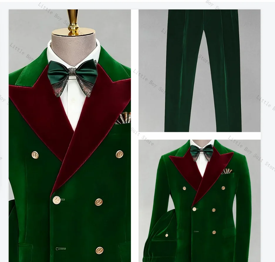 

Green Velvet Men Suit Set 2 Piece Wedding Tuxedo Jacket Blazer Pant Red Lapel Formal Office Business Party Coat Customized