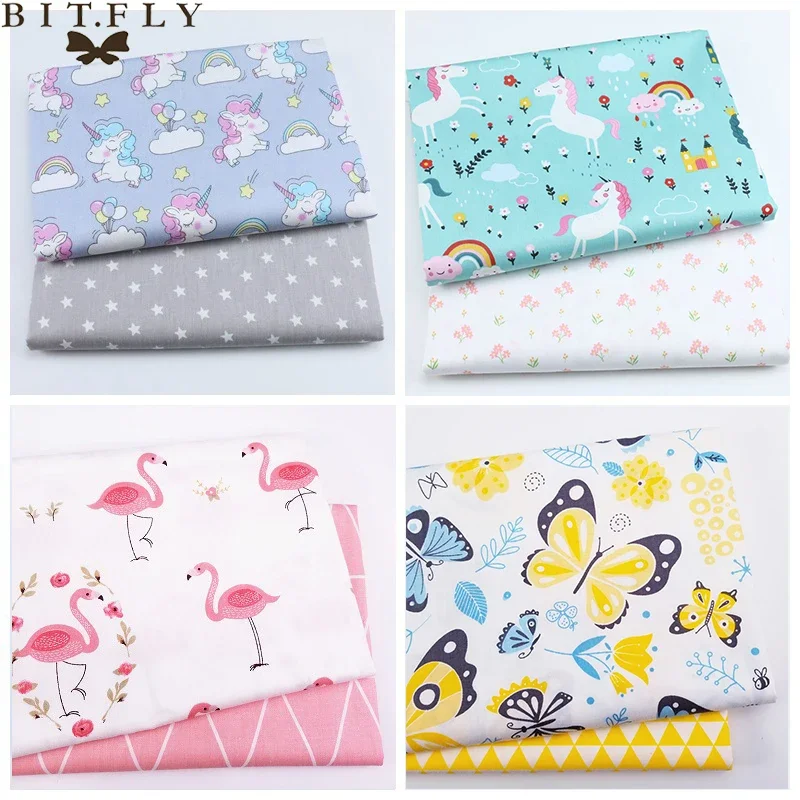 2Pcs 50x50cm Unicorn Cartoon Twill Printed Fabric, 100% Cotton, Sewing Quilting, Fat Quarters, Child DIY Patchwork