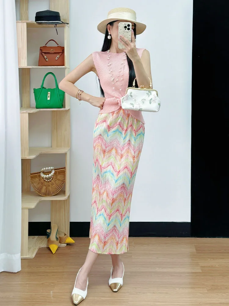 

High Waist Midi Skirt Asymmetrical Hem Side Slit Women's Summer Fashion Squeeze Texture Polyester A-Line Skirt Commute Style