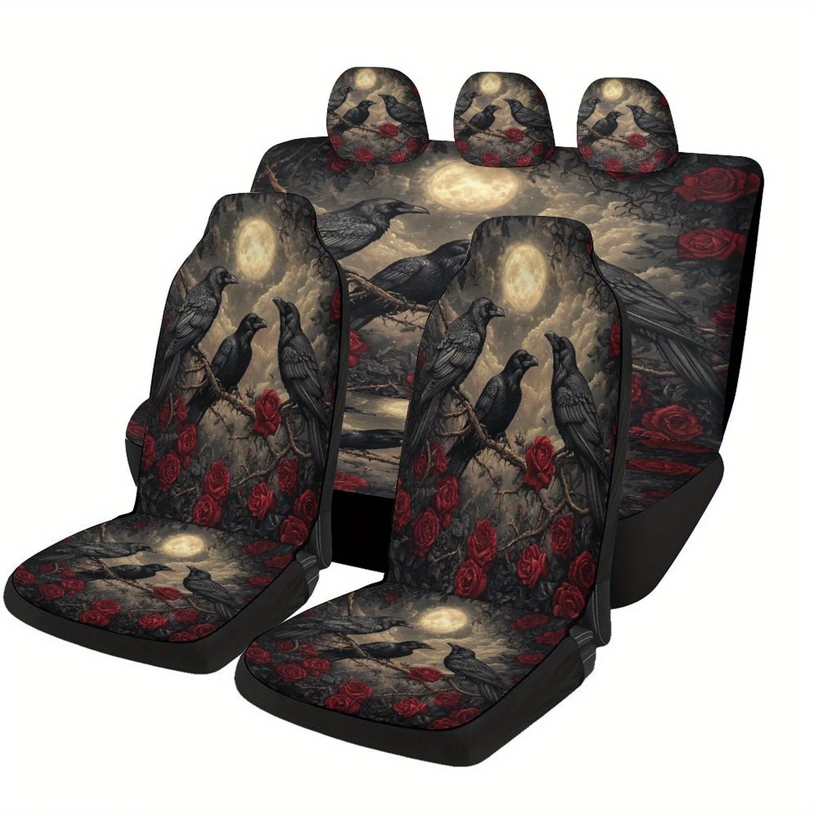 Ravens Moon Roses Designed Car Seat Cover Set For Most Cars, Fashion Comfortable Car Seat Protector Covers Full Set, Universal