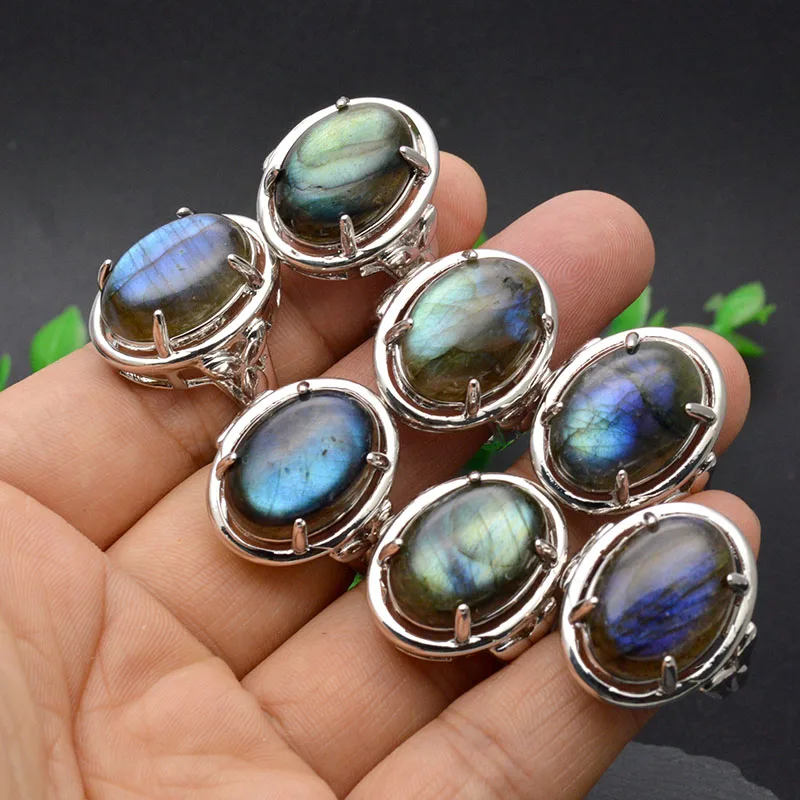 

Wholesale 5pc High Quality Shiny Natural Labradorite Stone Cabochon Size Adjustable Gemstone Rings Luxury Jewelry for Man Woman