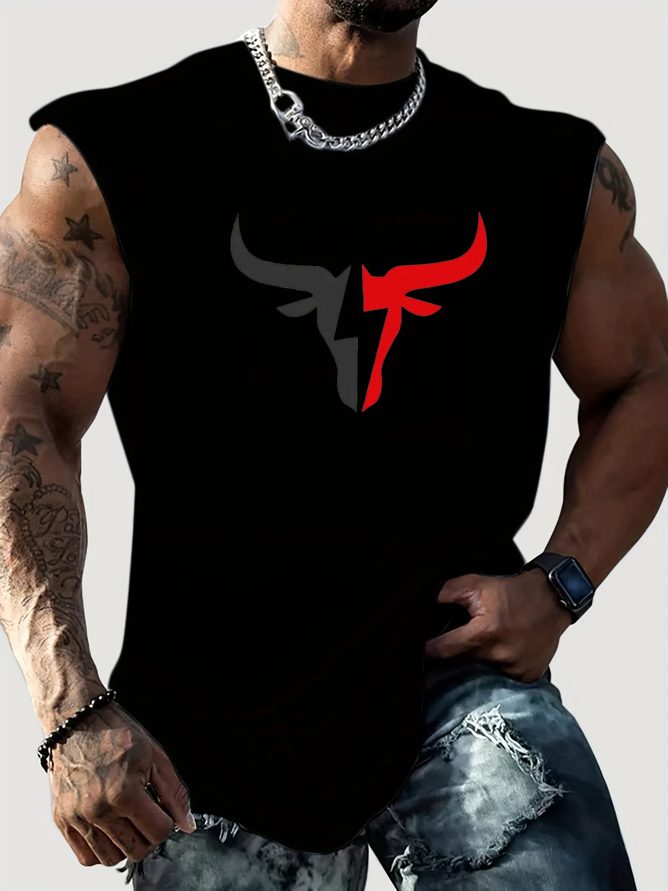 Men's Summer Leisure Sports Fitness Loose Bull Pattern Printed Comfortable and Breathable Round Neck Sleeveless Tank Top