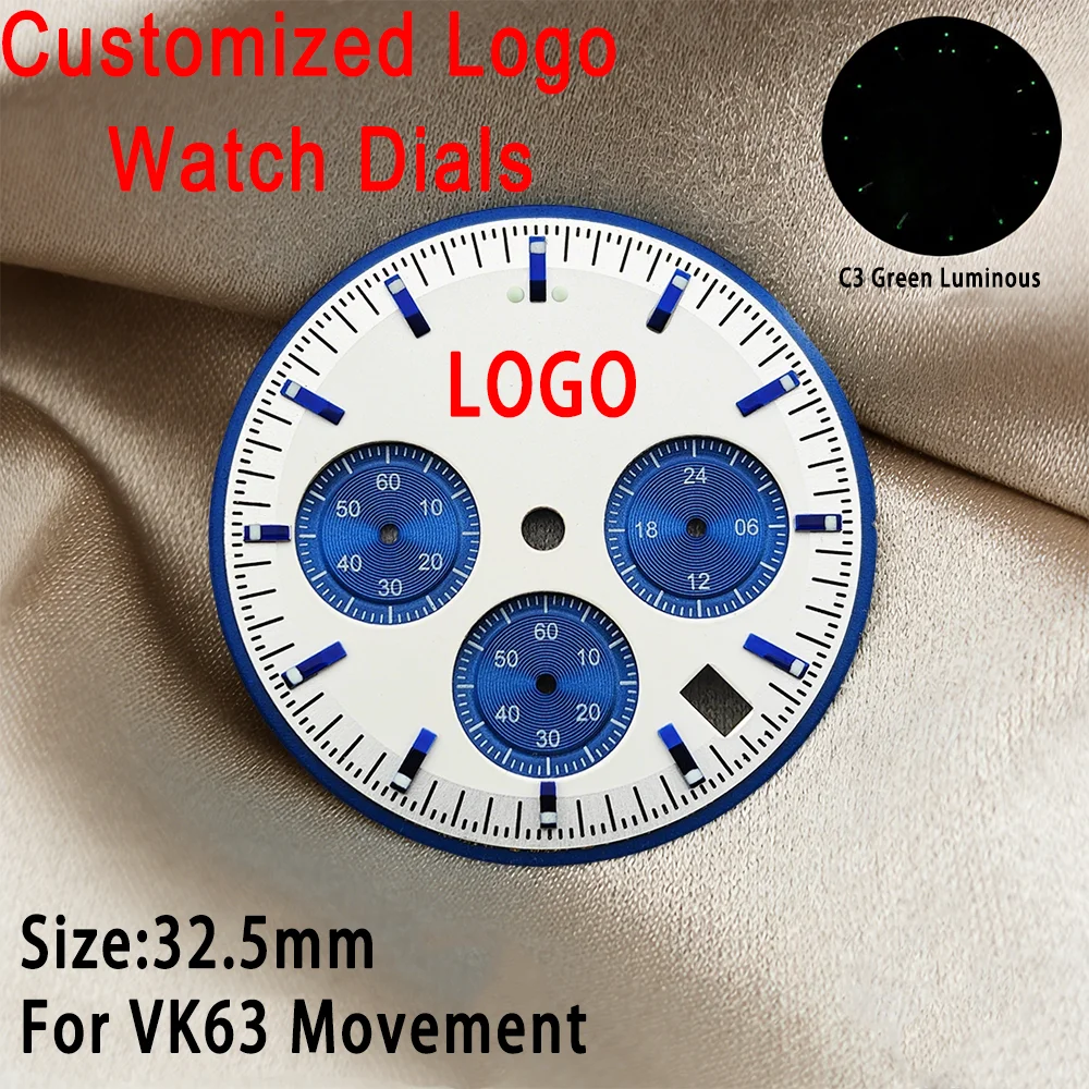 Customized Watch Dials VK63 Dials 32.5mm C3 Green Luminous 6-Point Suitable For VK63 Quartz Movement Accessories