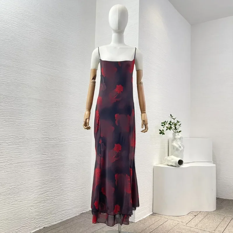 

Women's Black Red Rose Flowers Print Sleeveless Square Collar Backless Maxi Dress Elegant Holiday for 2024 New Top Dresses