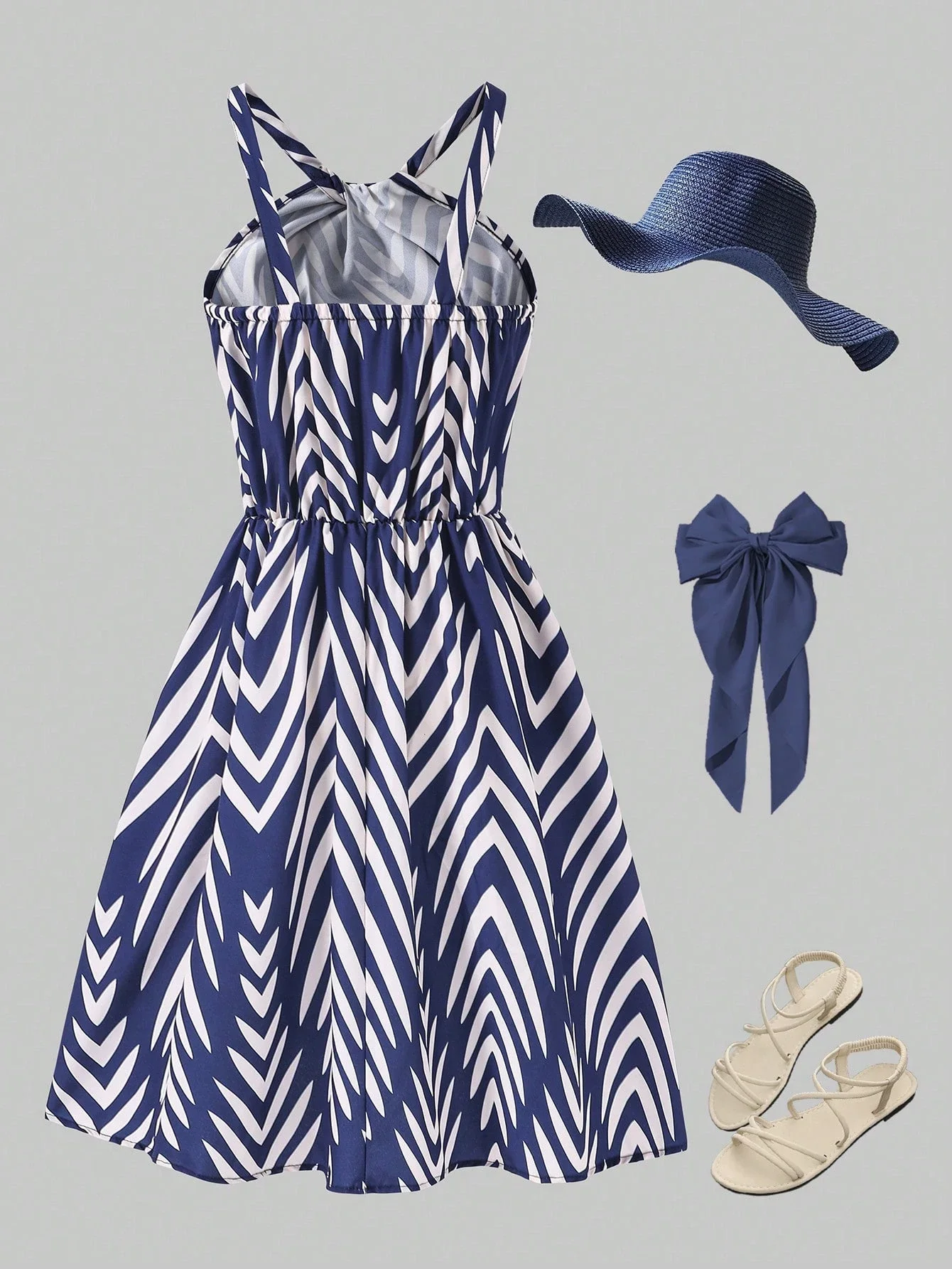 

Элегантное платье с принтом и завязками на шее, с завышенной талией, в летнем стиле для отпуска