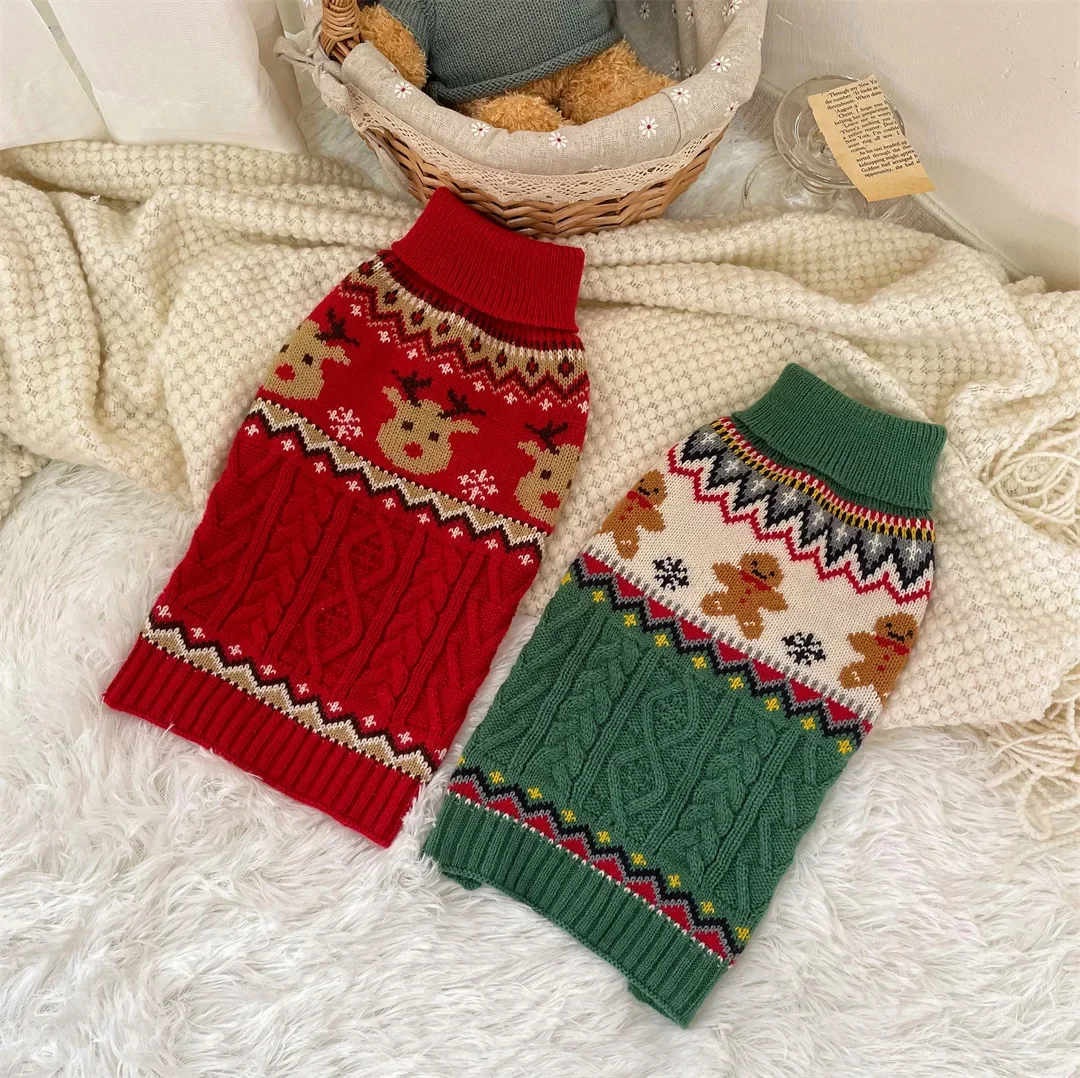 

Festive Pet Christmas Sweater Reindeer/Red Green Print Cozy Soft High Neck Pullover Winter Warm Clothes for Puppy Kitten Gift
