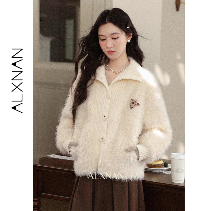 ALXNAN Women Fluffy Fuzzy Jacket Rib Knit Collar 3D Flower Brooch Fall Winter Daily Loose Warm Female Short Outer Coat L59565