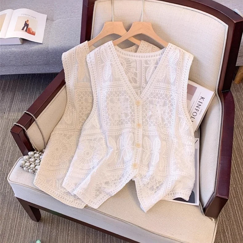 Pure Color Design Sleeveless Open Cardigan Vest Women's Summer New Style French Hollow Versatile Top 2025 Comfortable Casual