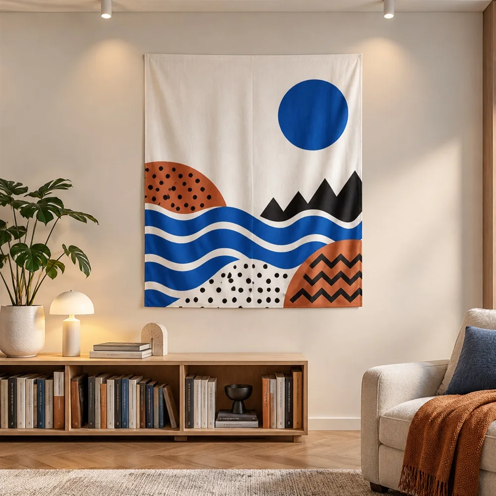 VIKAMA Memphis Shapes Mix Layered Bands Tapestry Wall Hanging, Postmodern Wall Decor Tapestries for Study Living Room Bedroom