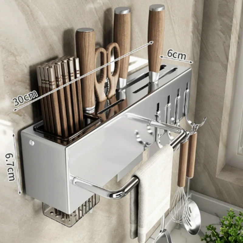 Kitchen Cookware Storage Rack Stainless Steel Multi-functional Non-punching Rack Chopstick Cylinder Wall-mounted Knife Holder