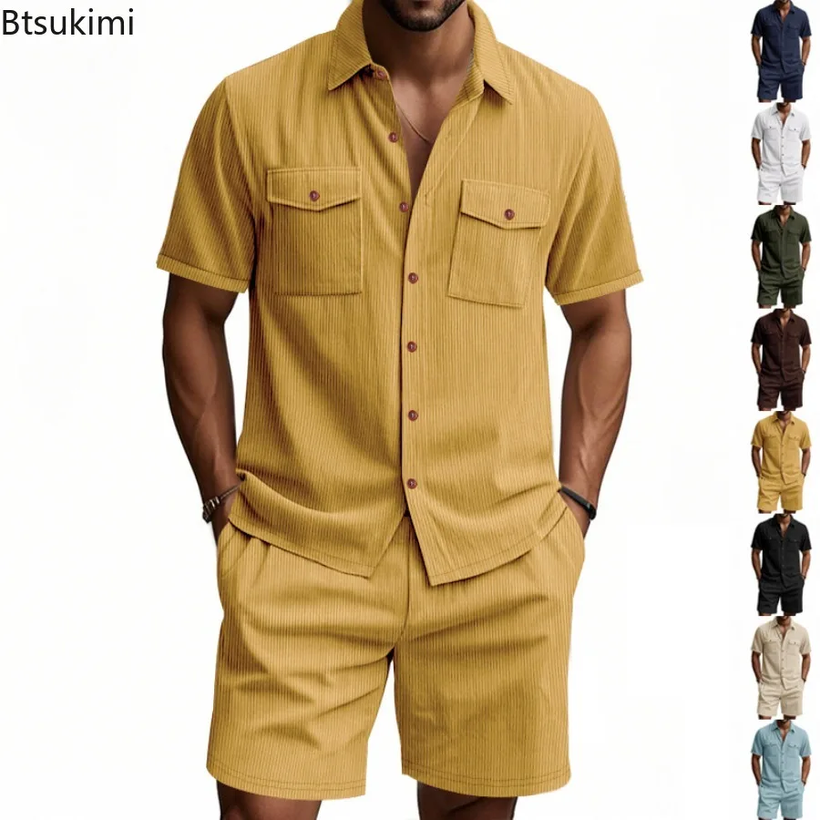 

Новый мужской уличный спортивный костюм, лето 2024, мужской повседневный костюм, модные вельветовые рубашки с лацканами и карманами, рубашки с короткими рукавами, шорты, комплекты из двух предметов