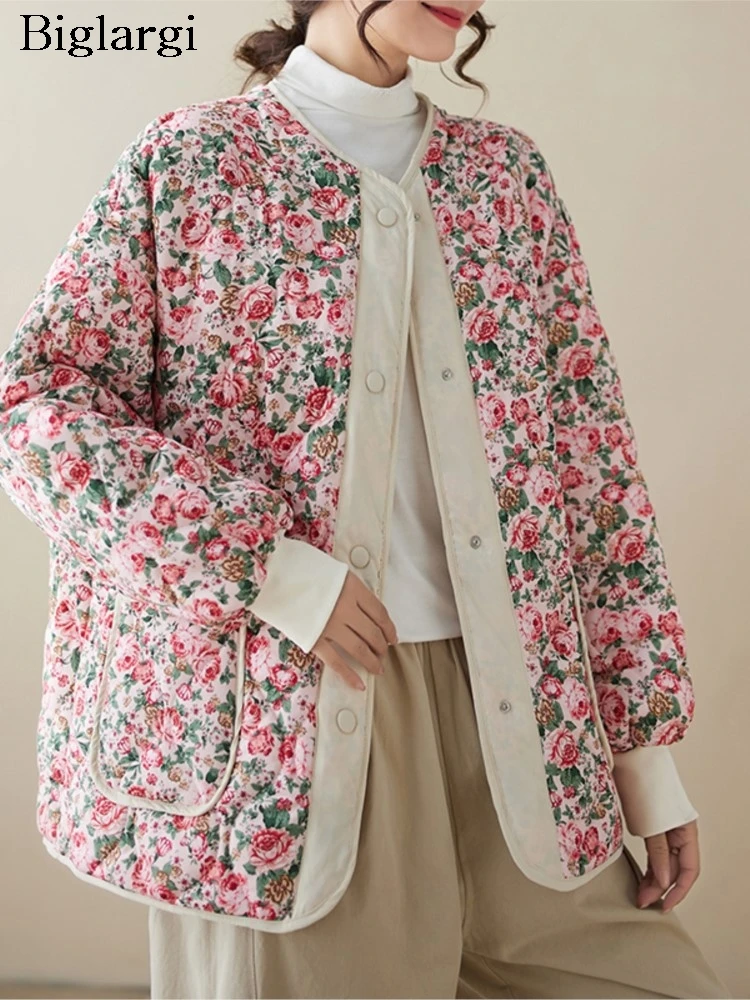 Chaquetas acolchadas de algodón con flores y flores para mujer, abrigo holgado de manga larga para mujer, abrigos de invierno de gran tamaño para mujer