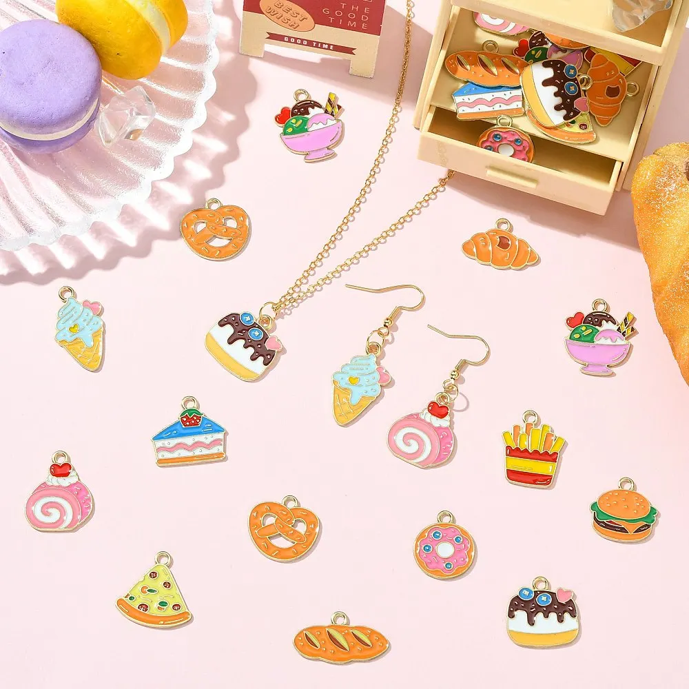 36pcs Food Enamel Alloy Charms Hamburger Pizza Donut Cake Ice Cream Croissant Pendant for DIY Bracelet Necklace Earring Jewelry