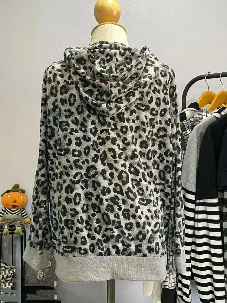 Sweat à capuche imprimé léopard Y2K pour femmes, sweat-shirt à capuche zippé, décontracté, Streetwear, manteau ﻿