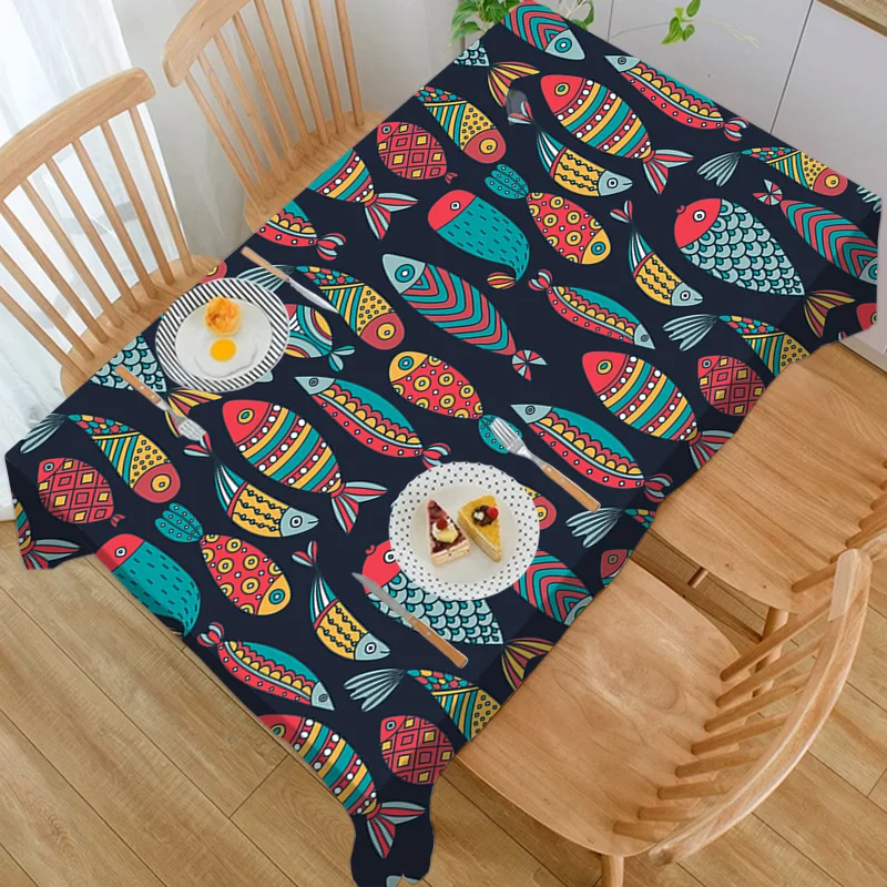 1-Pack Square Polyester Tablecloth with Vibrant Fish & Geometric Print - Machine-Washable, Durable Rectangular Table Cover
