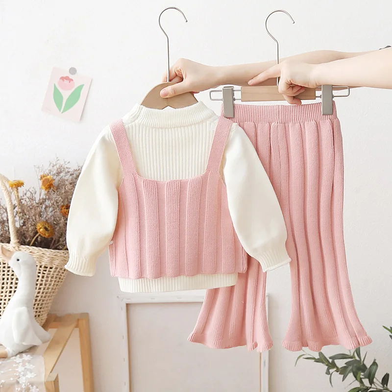 Kids Girls Casual Knitting Sets Spaghetti Strap Vest+Long Sleeve White Sweater+High Waist Solid Flare Pants 3pcs Casual Clothes