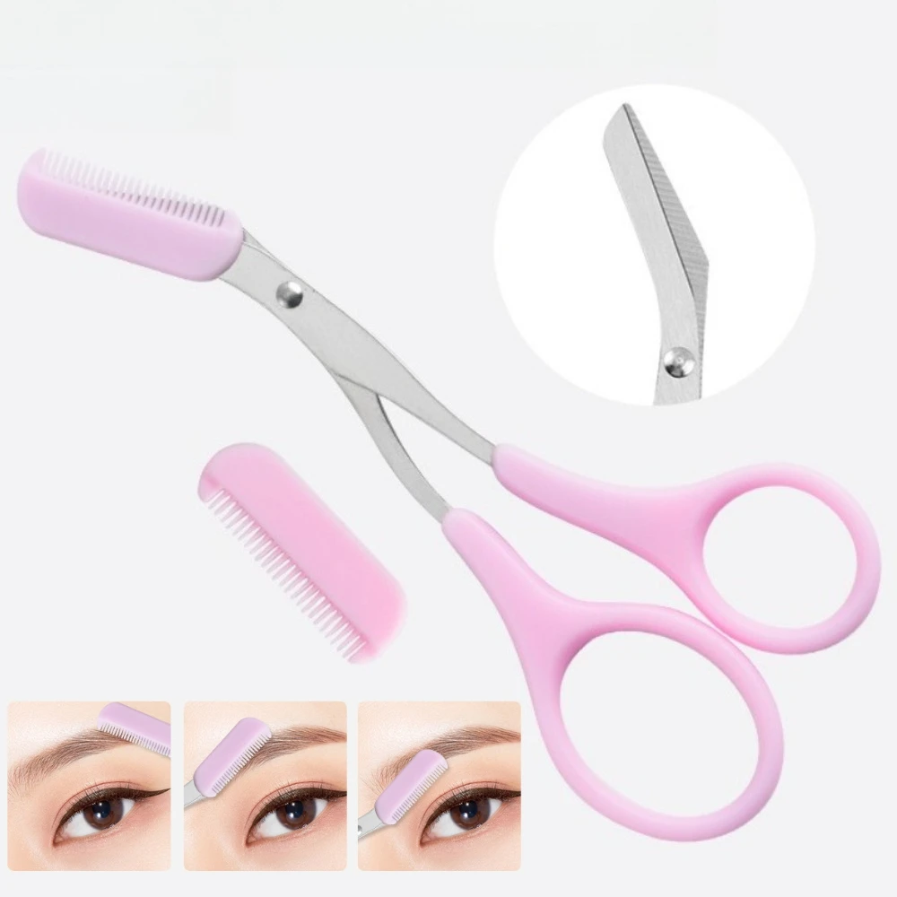 Recortador de cejas de acero inoxidable, 3 colores, tijeras con peine, recortador de cejas profesional, raspador, herramienta de cuidado facial para principiantes, 1 ud.