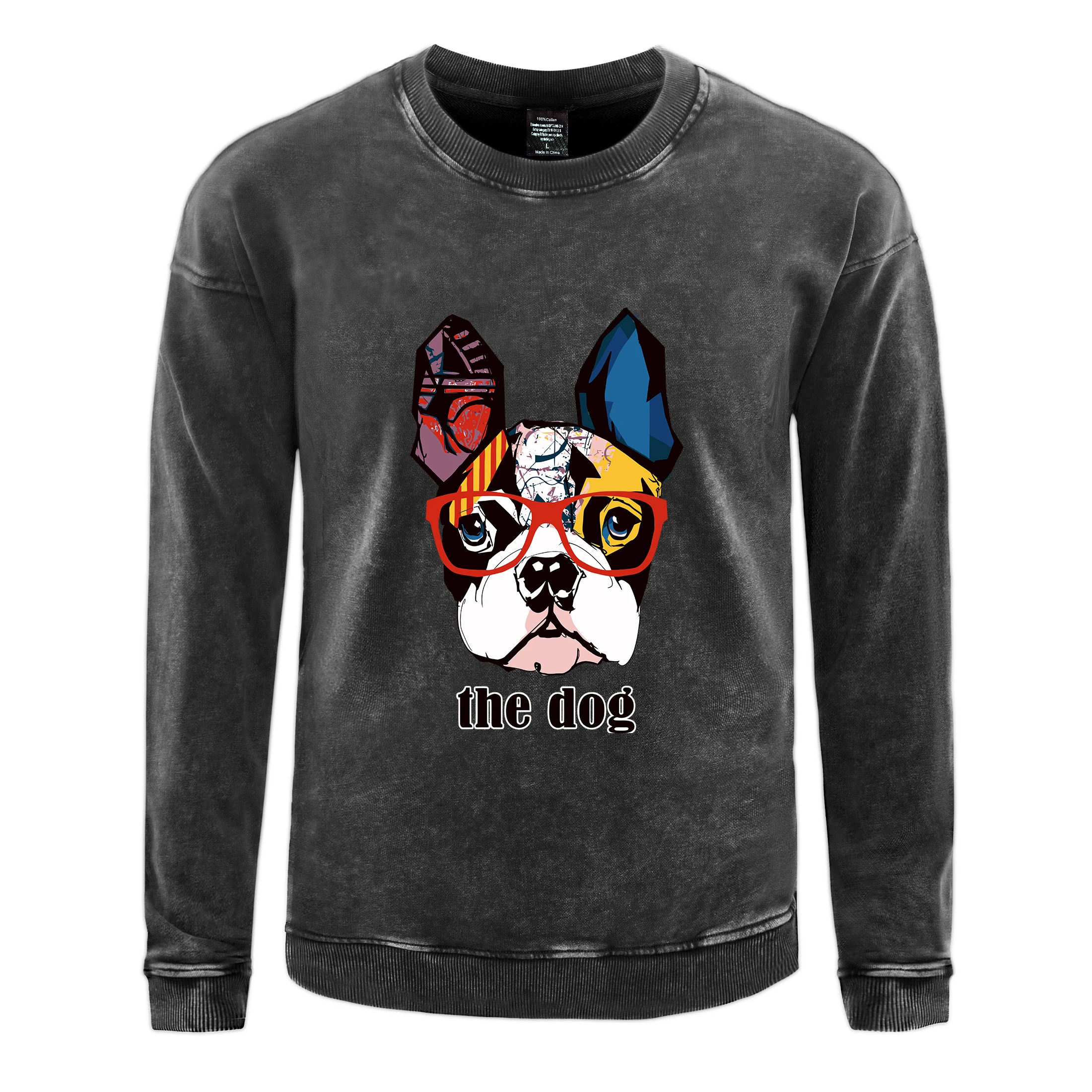 Oversized Men's Washed Sweatshirt Painted Comic Dog Prints Hoodie Autumn Cotton Crewneck Pullover Couple Acid Wash Streetwear