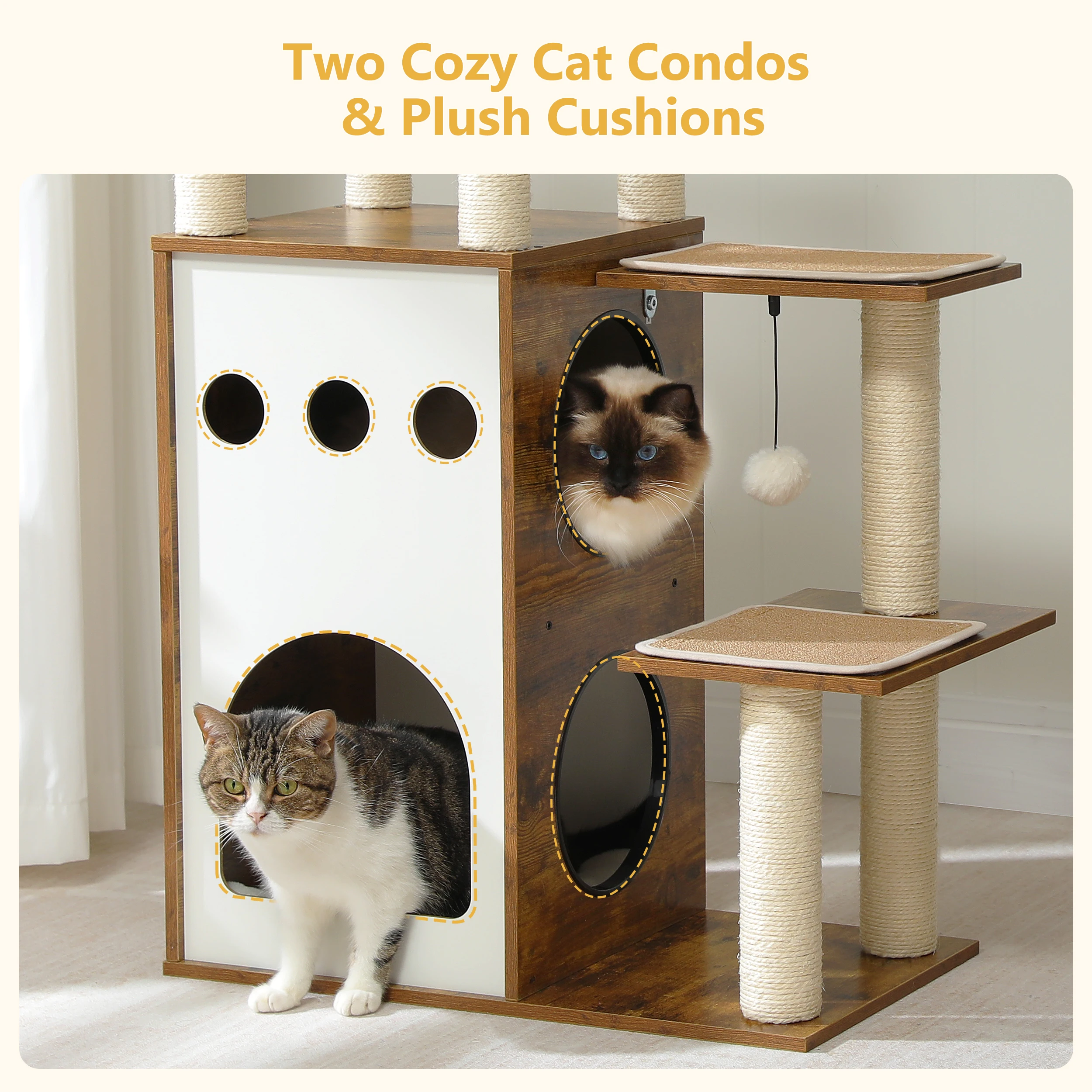 Modern Cat Tree, Wooden Cat Tower with Scratching Posts, Large Condo, Capsule Nest, and Dangling Balls, Cat Furniture for Indoor