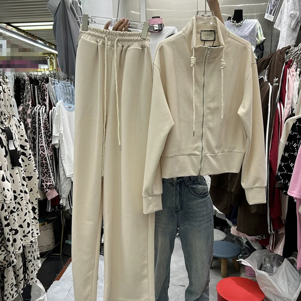 

Korean style design zipper long-sleeved top sweatshirt + elastic waist wide-leg trousers two-piece set-GZTZ076