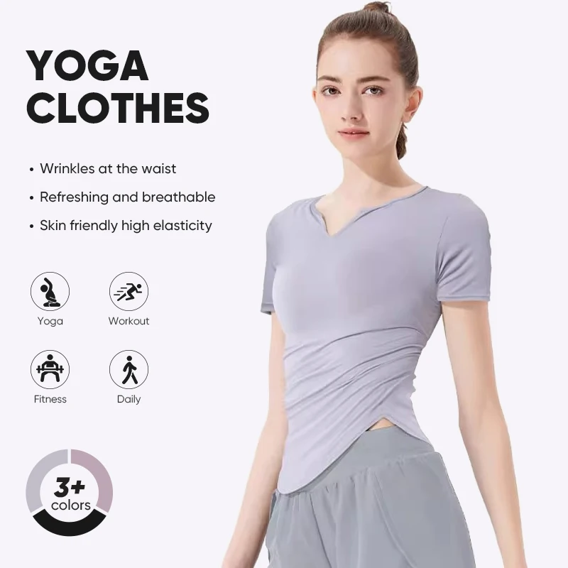 

Women Fitness Wear Short-Sleeved Pleated Waist Slimming Running Sportswear Quick-Drying Top Yoga Wear T-Shirt Set for Women