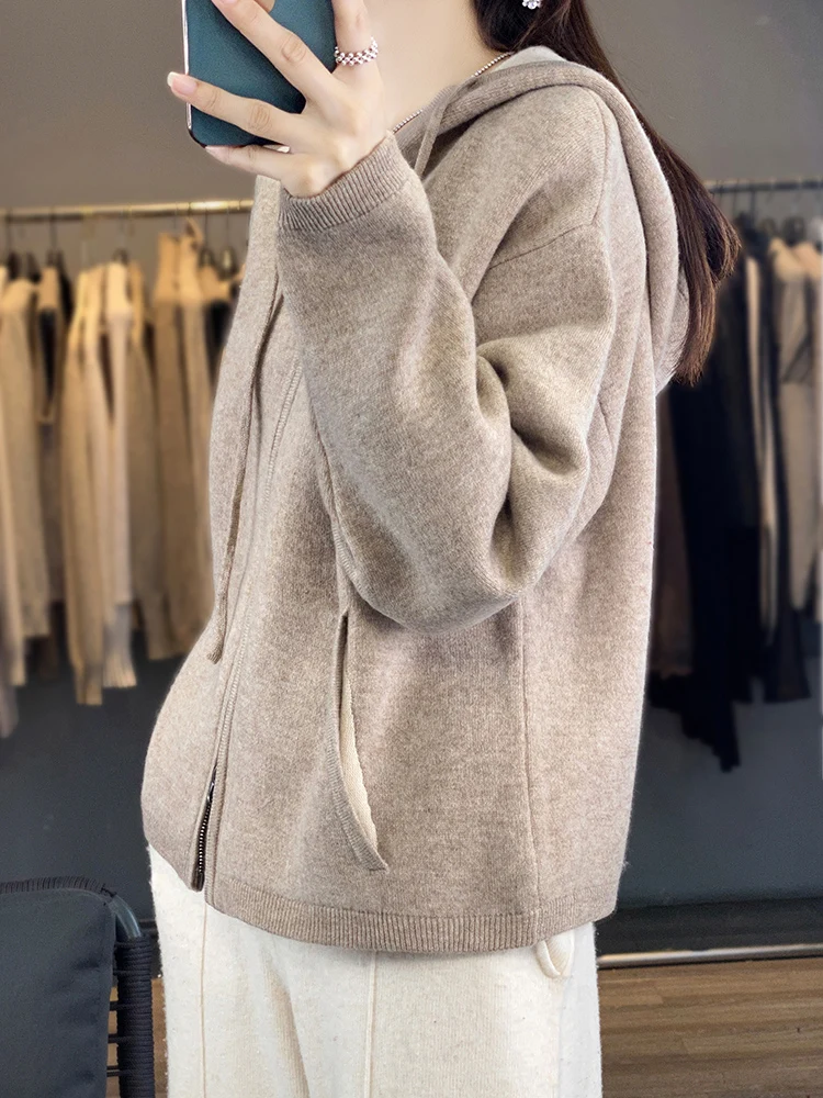 High-end Thicken 100% Wool Zipper Cardigan Women Hooded Knitted Coat Fashion Loose Plus Size Jacket Double zipper Winter Sweater