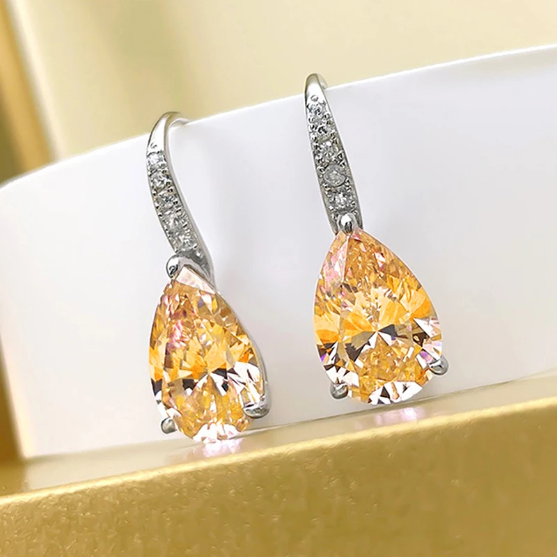 Huitan Pink/Yellow Pear Cubic Zirconia Earrings Women Silver Color Fashion Elegant Female Piercing Accessories Romantic Jewelry